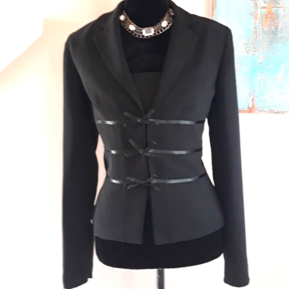 Evan Picone/ Black Blazer/ Satin Ribboned Trim Detail